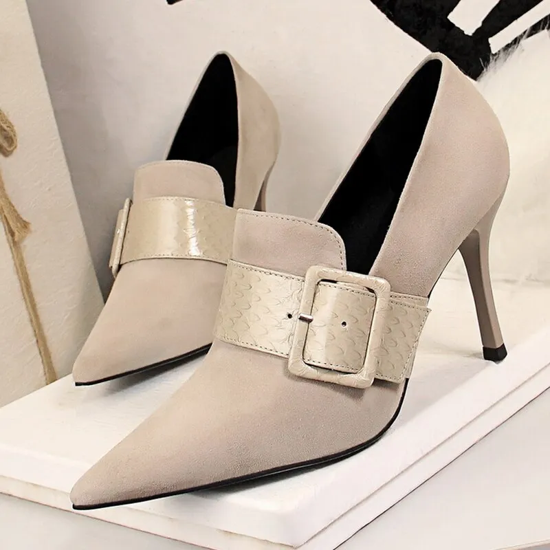 Amozae-2024 Women 9.5cm High Heels Pumps Pointed Toe Stiletto Gray Buckle Elegant Lady Fetish Escarpins Slip On Prom Office Flock Shoes