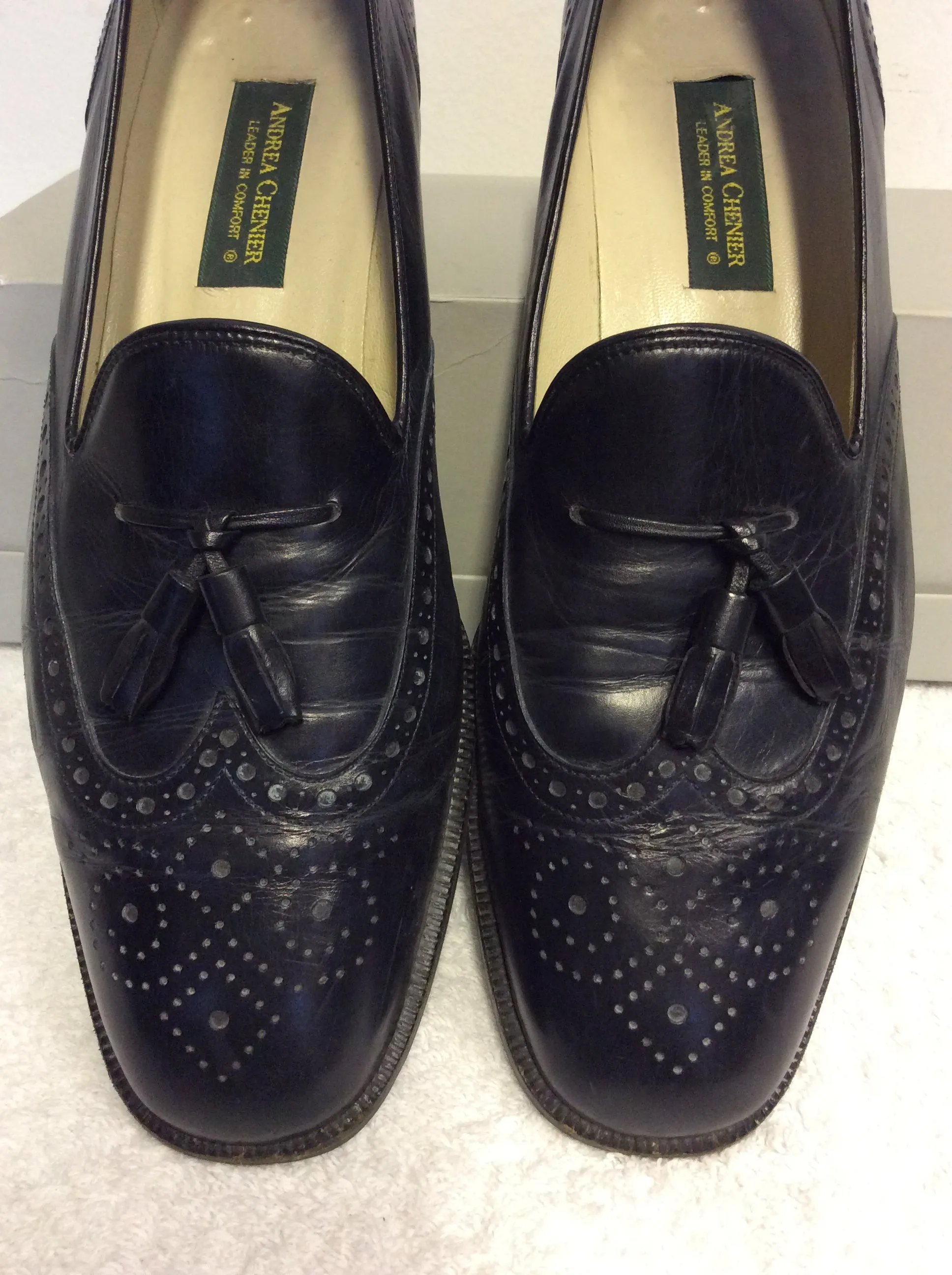 ANDREA CHENIER NAVY BLUE LEATHER LOAFERS SIZE 7.5/41