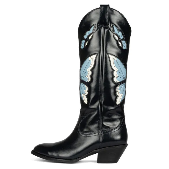 Ashore Western Shop Cowgirl Mid Calf Boots Butterfly Embroidered Pointed Slip On Boots