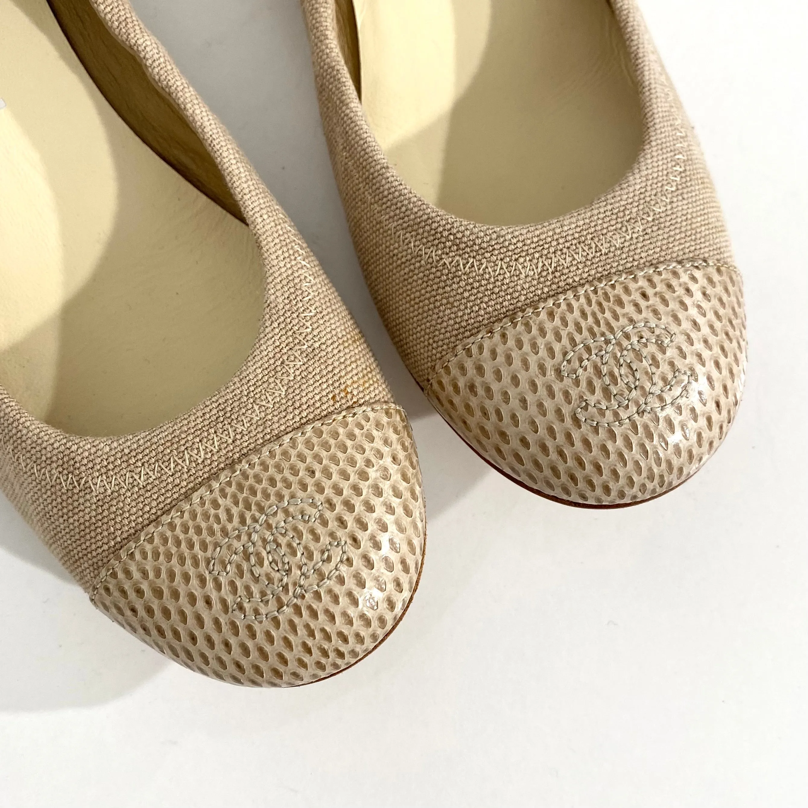 Chanel Beige Canvas & Snakeskin Ballet Flats