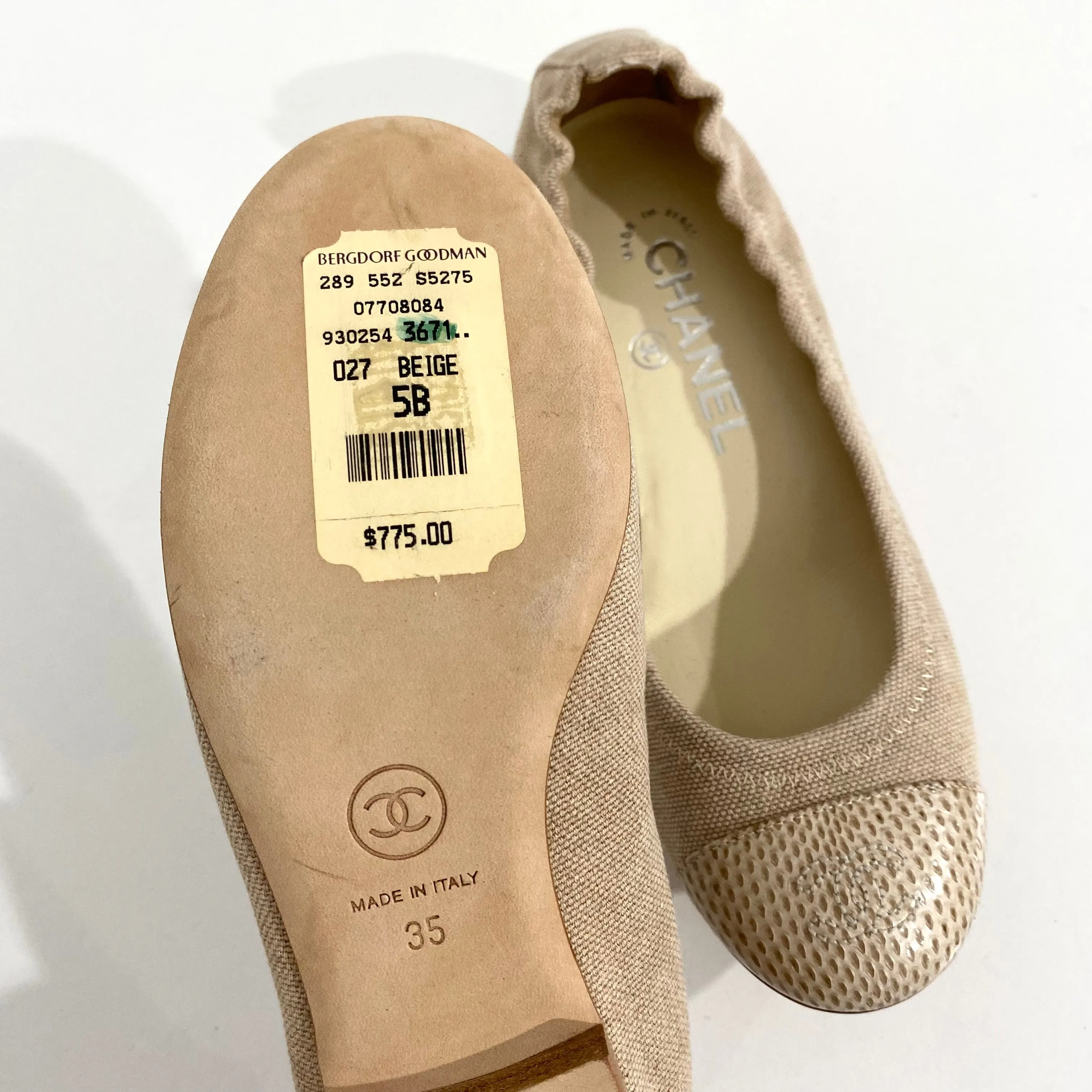 Chanel Beige Canvas & Snakeskin Ballet Flats