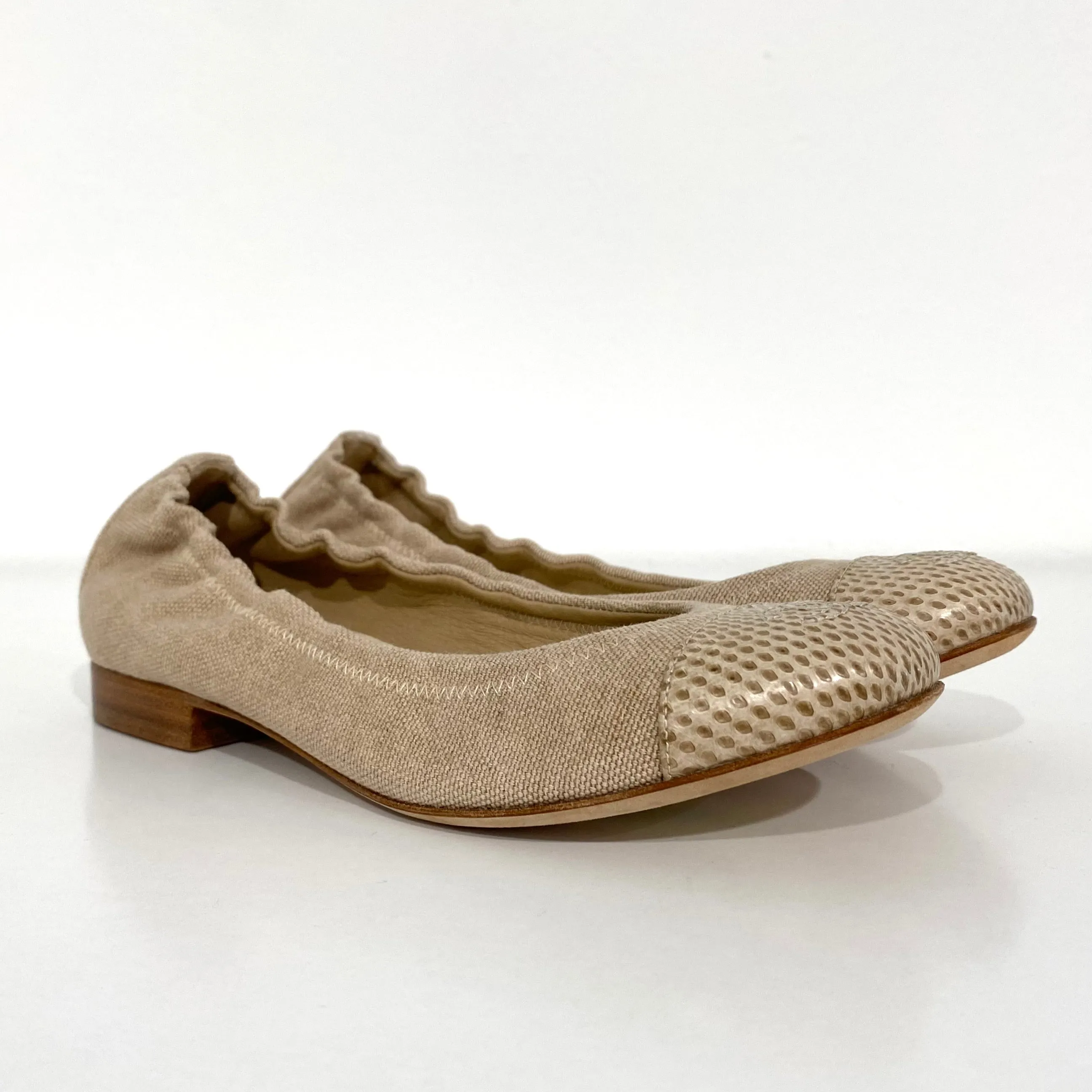 Chanel Beige Canvas & Snakeskin Ballet Flats