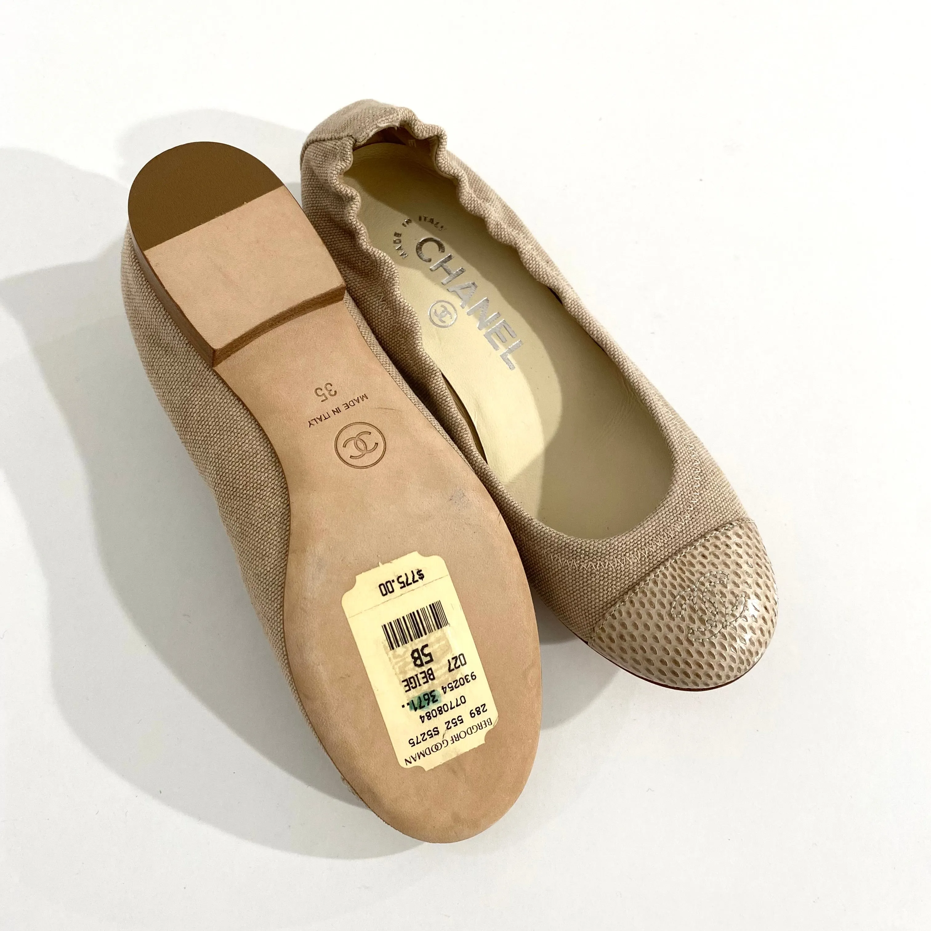 Chanel Beige Canvas & Snakeskin Ballet Flats