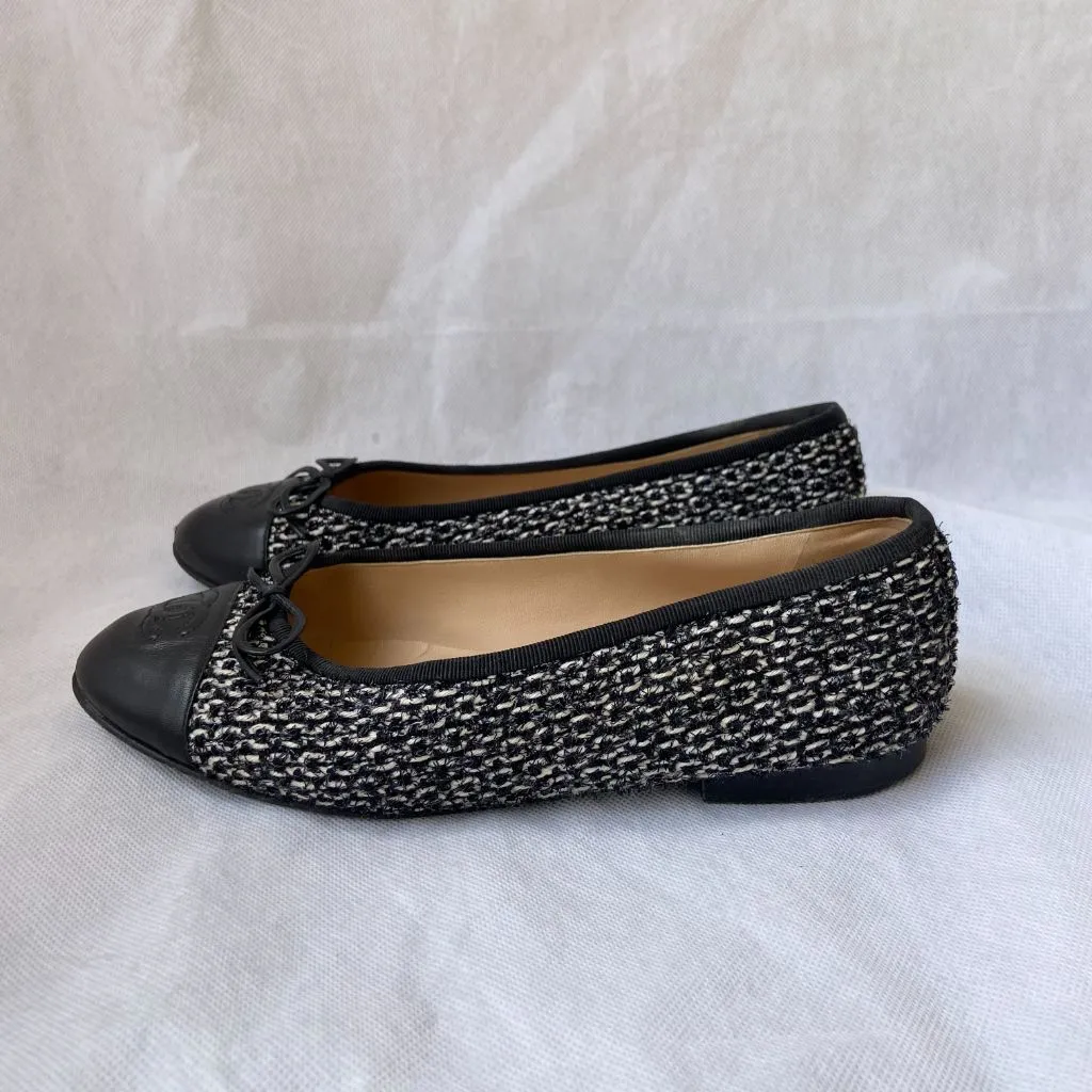 Chanel Black and White Tweed Ballerina Flats, 38C