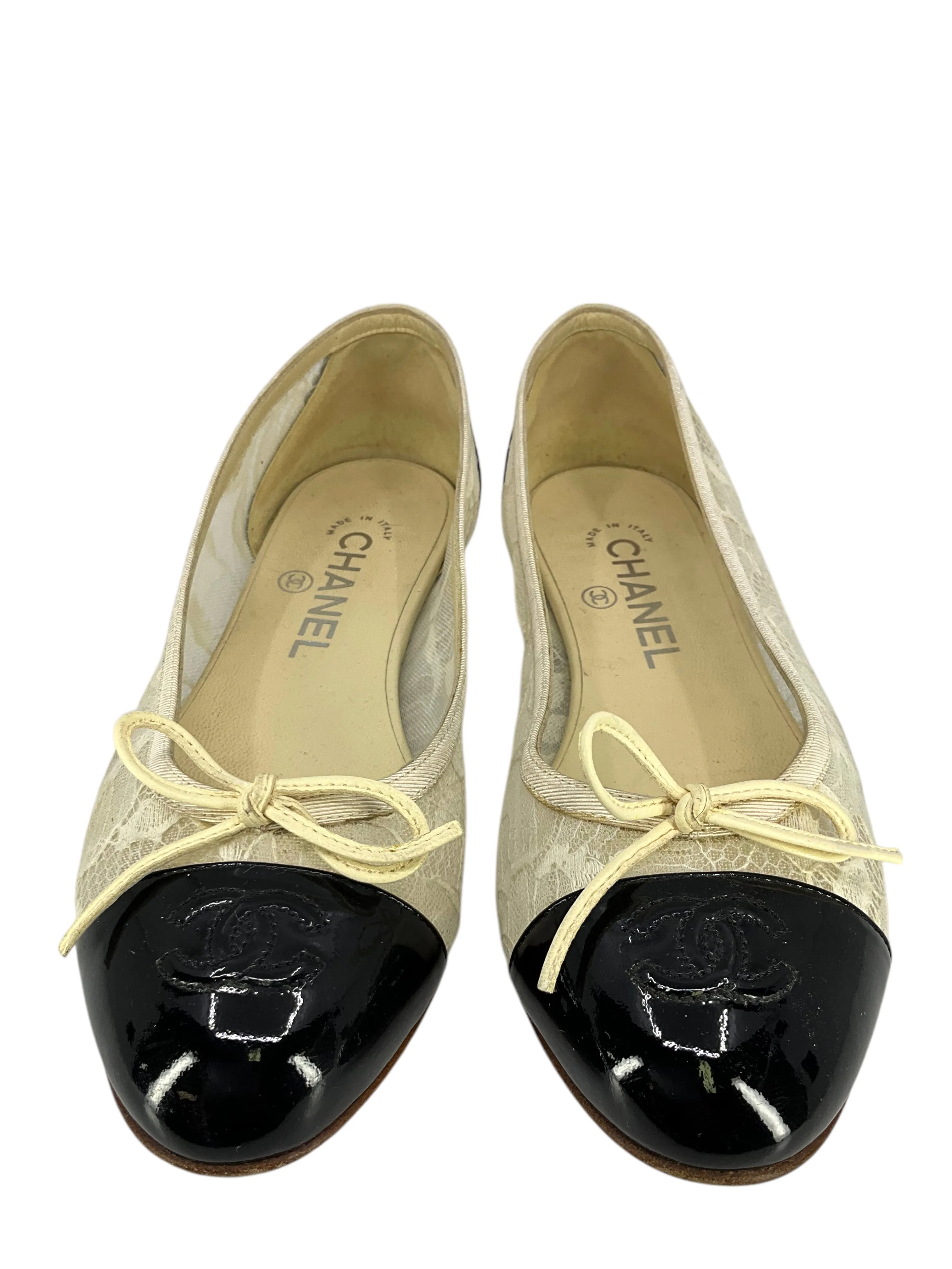 CHANEL Lace CC Cap Toe Ballet Flats Size 7