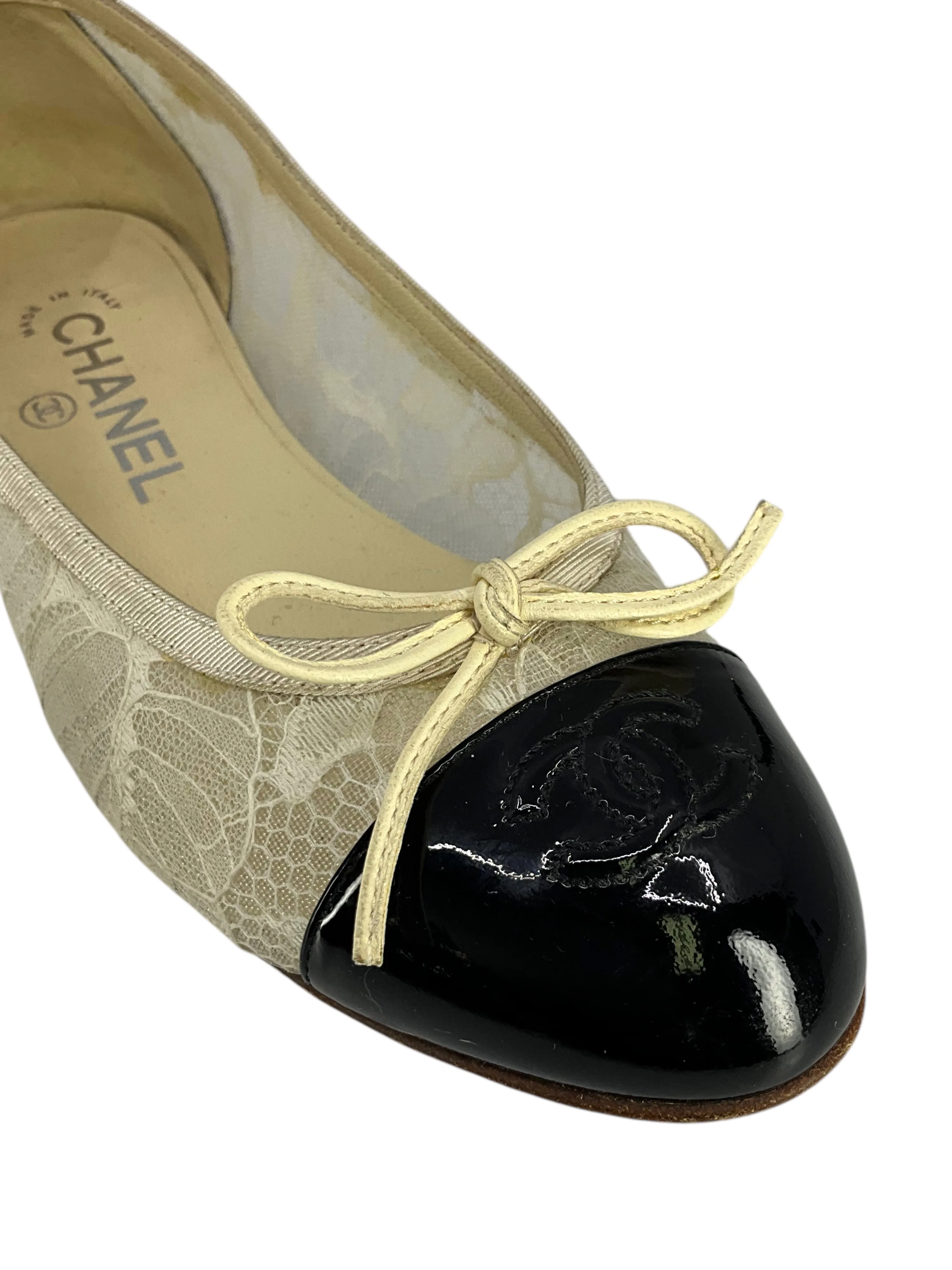 CHANEL Lace CC Cap Toe Ballet Flats Size 7