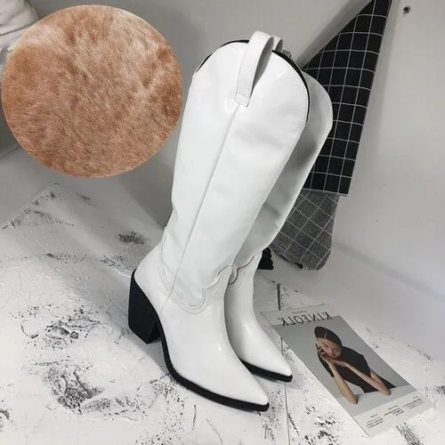 Cowboy Western Boots For Women Chunky High Heel Knee High Long Boots