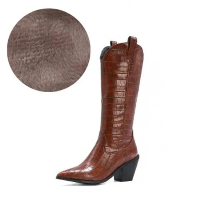 Cowboy Western Boots For Women Chunky High Heel Knee High Long Boots