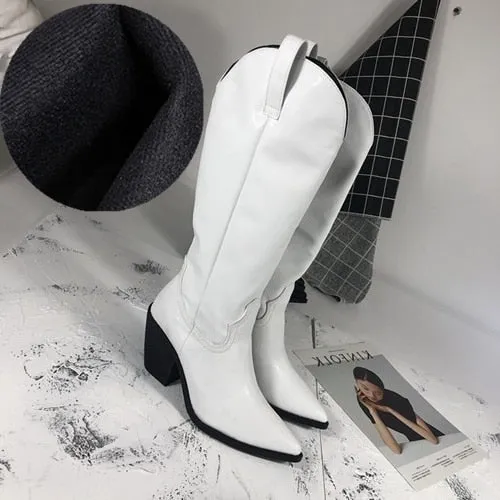 Cowboy Western Boots For Women Chunky High Heel Knee High Long Boots