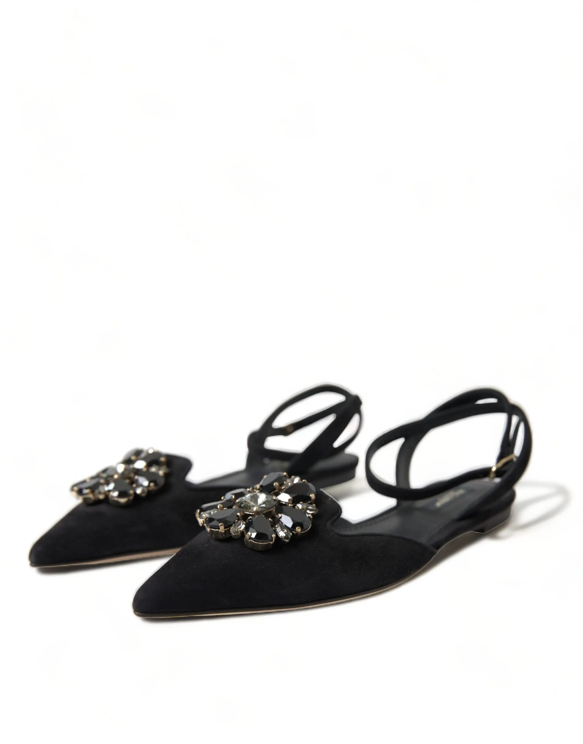 Dolce & Gabbana Black Leather Crystal Slingback Flats Shoes