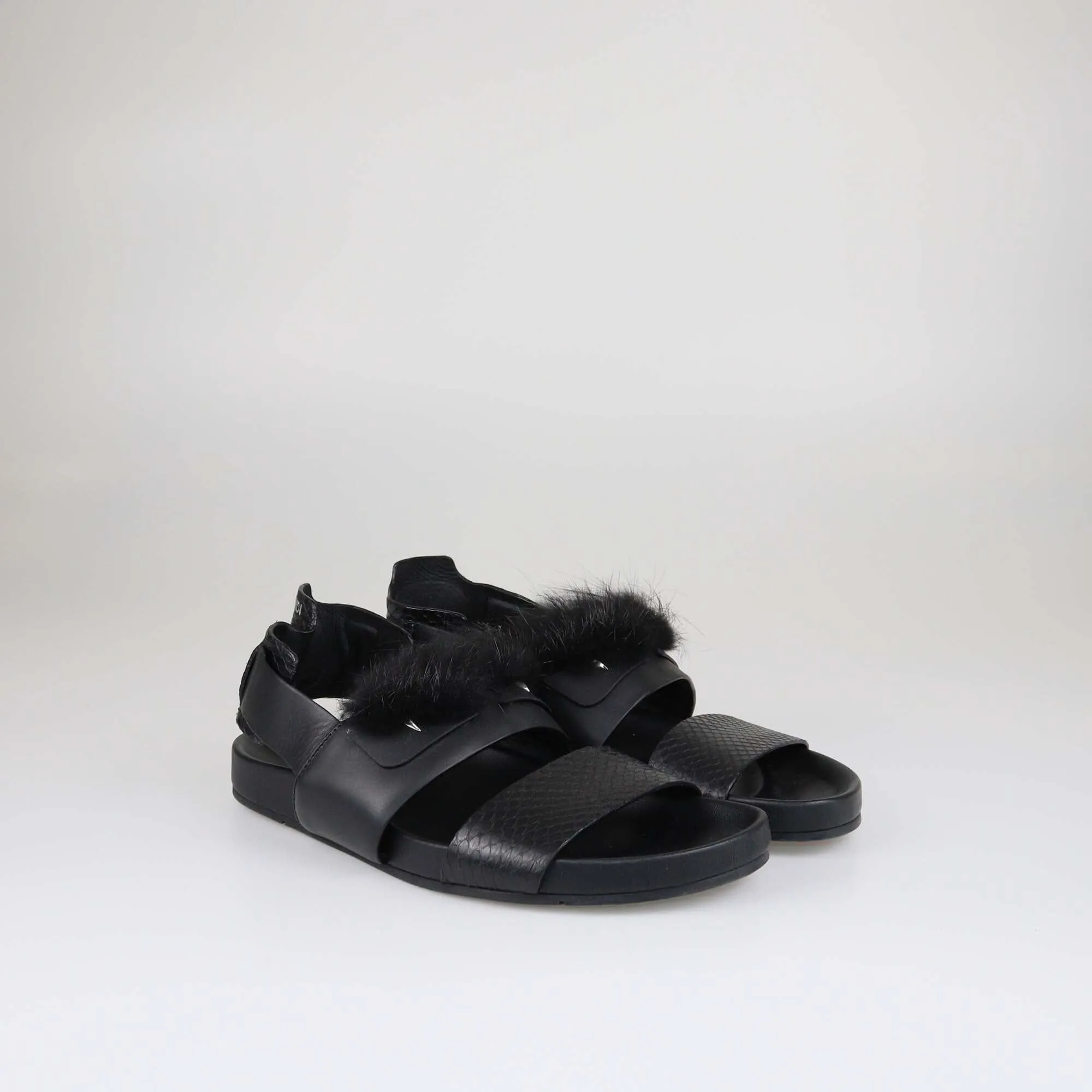 Fendi Black Fur Slingback Flat Sandals