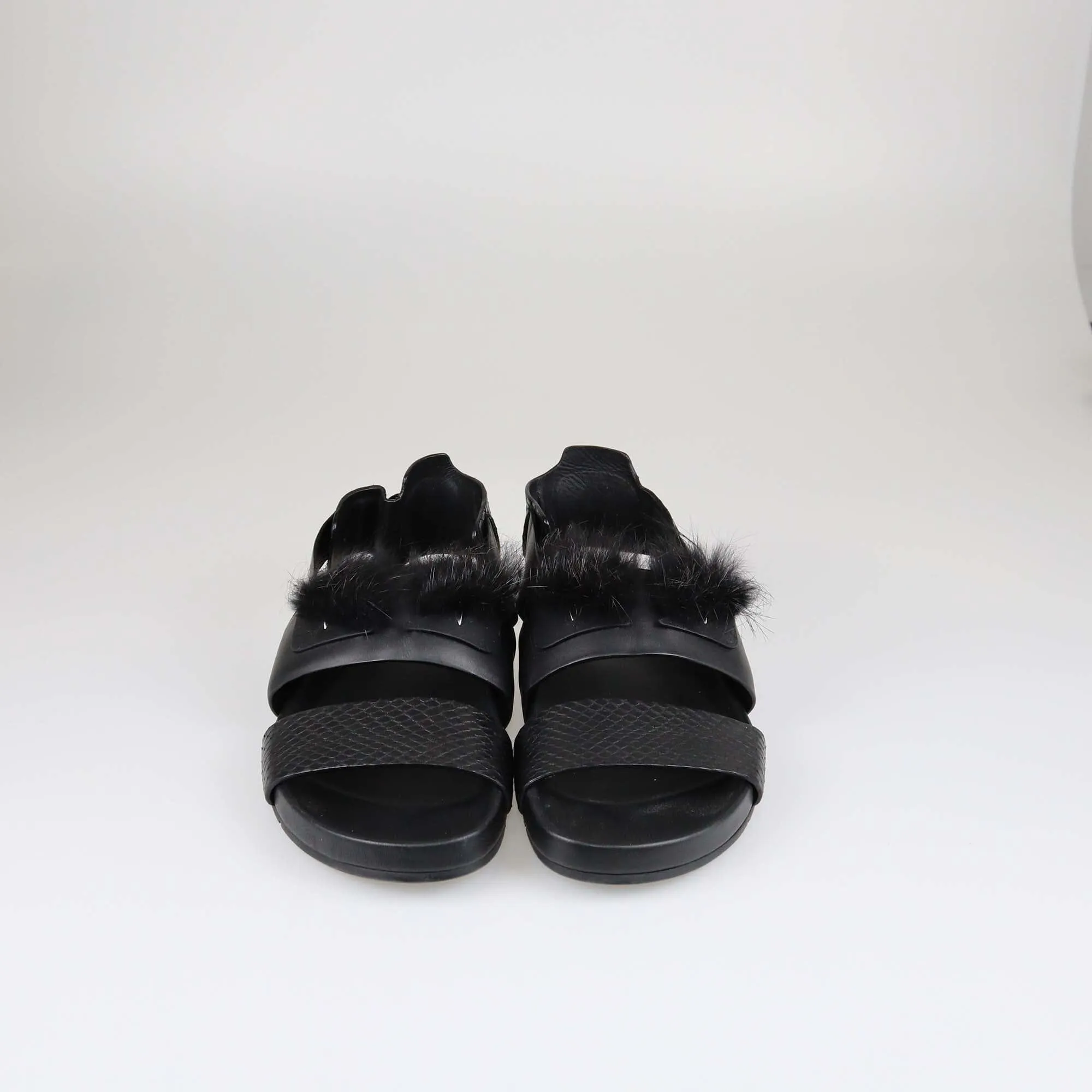 Fendi Black Fur Slingback Flat Sandals