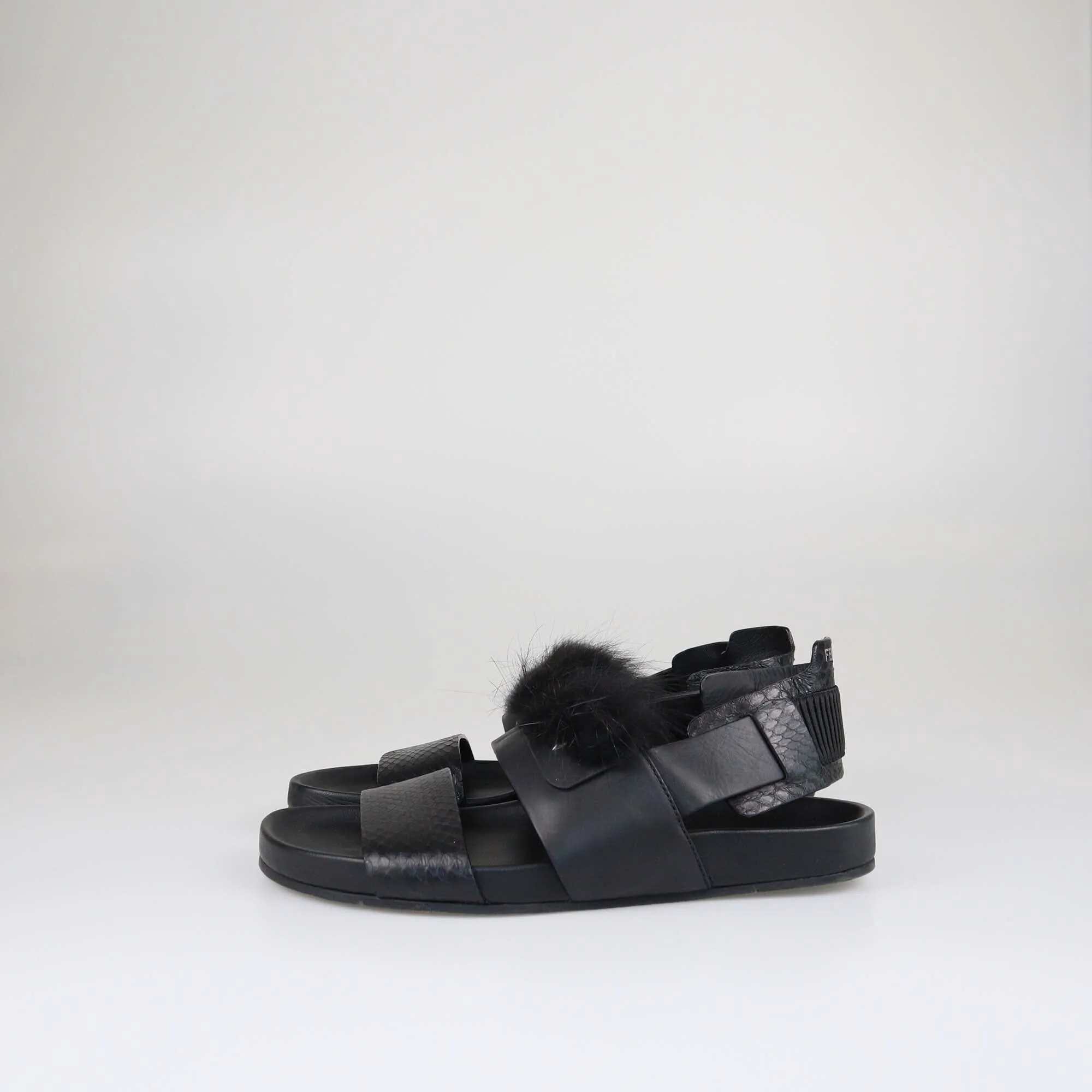 Fendi Black Fur Slingback Flat Sandals