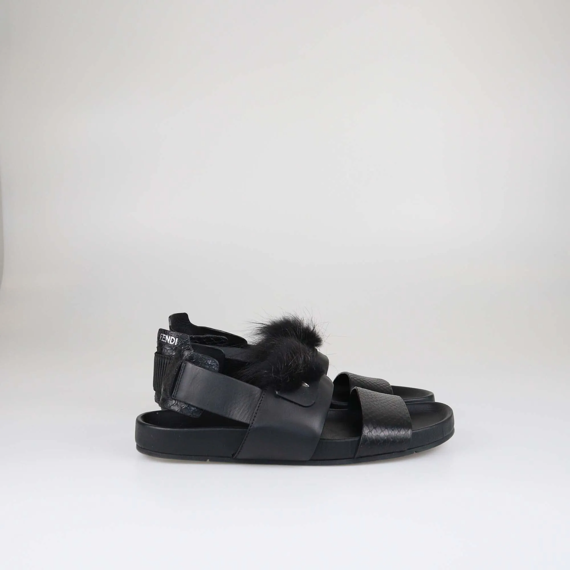 Fendi Black Fur Slingback Flat Sandals