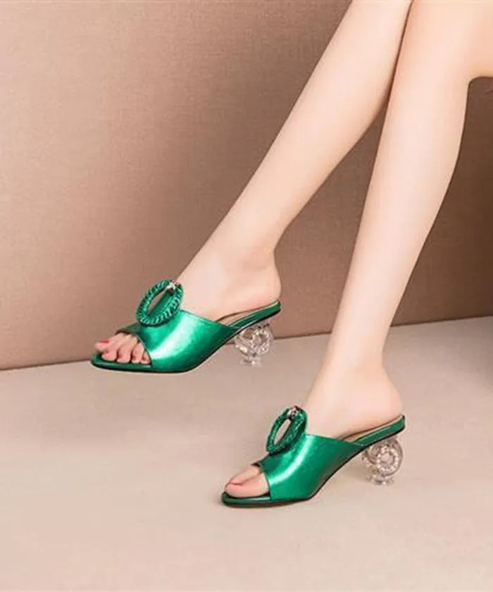 Green Chunky Clear Heels Cowhide Leather Stylish Peep Toe Thong Sandals LC0189