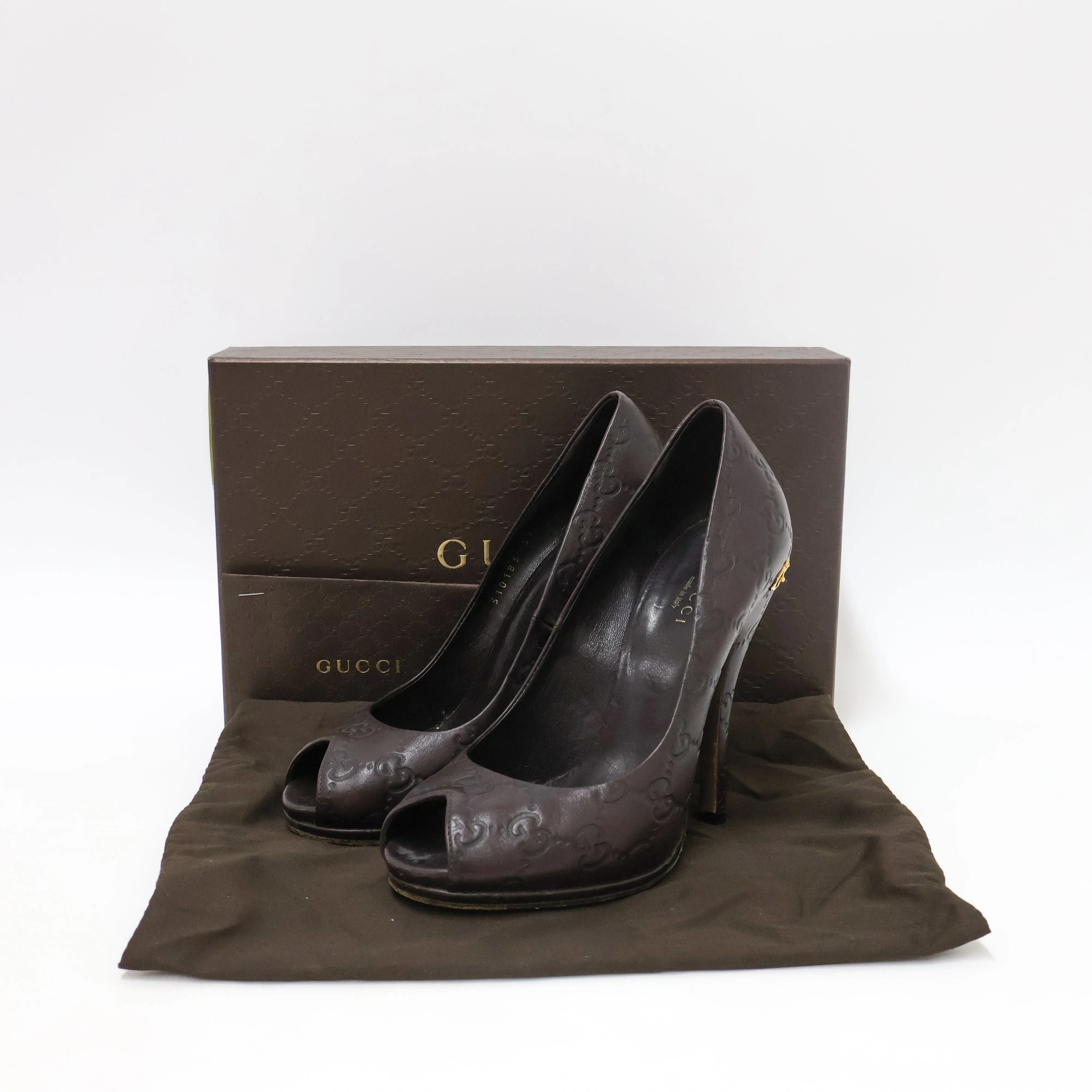 Gucci Peep Toe Heels Leather Brown 37