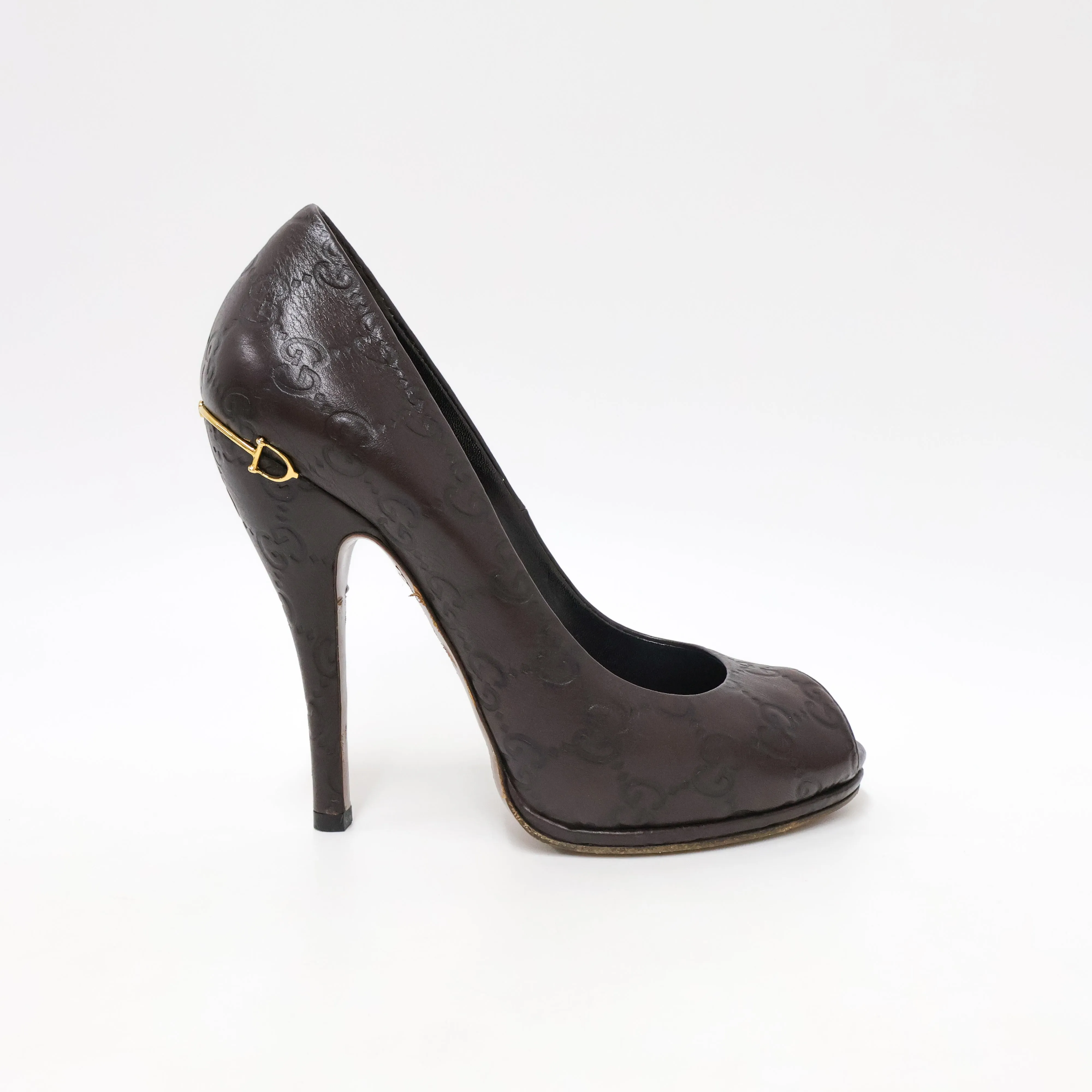 Gucci Peep Toe Heels Leather Brown 37