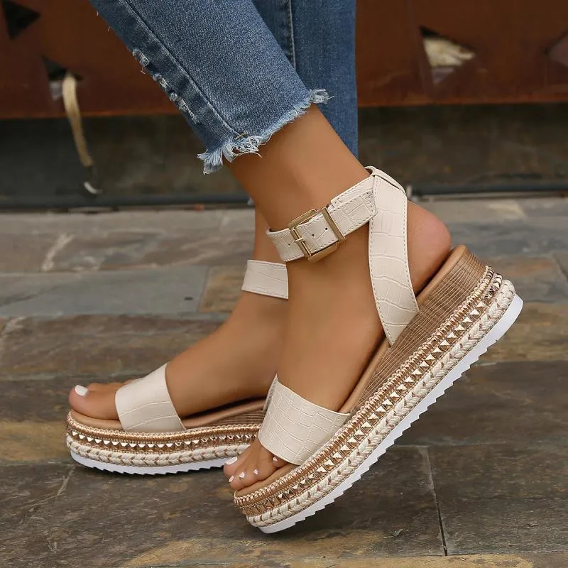 Hemp Wedges Platform Sandals with Buckle Strap