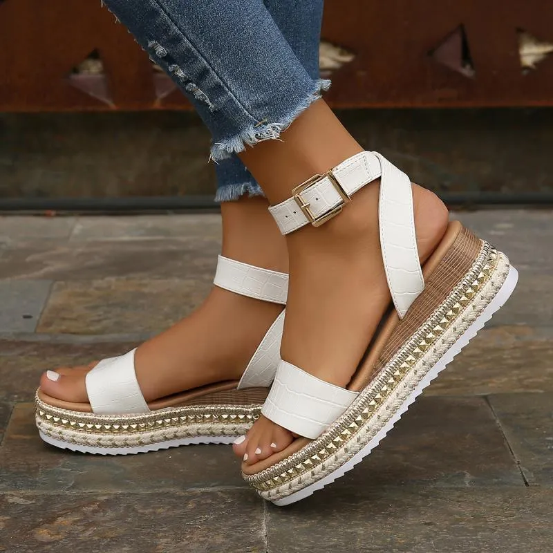 Hemp Wedges Platform Sandals with Buckle Strap