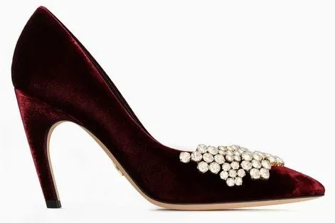 High-Heel Velvet Pump with Rhinestones - Burgundy or Black