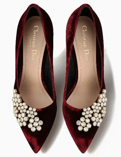 High-Heel Velvet Pump with Rhinestones - Burgundy or Black