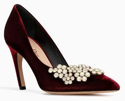 High-Heel Velvet Pump with Rhinestones - Burgundy or Black