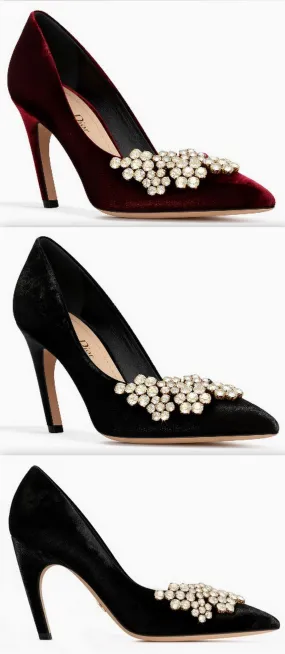 High-Heel Velvet Pump with Rhinestones - Burgundy or Black