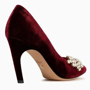 High-Heel Velvet Pump with Rhinestones - Burgundy or Black