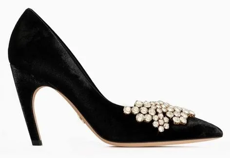 High-Heel Velvet Pump with Rhinestones - Burgundy or Black