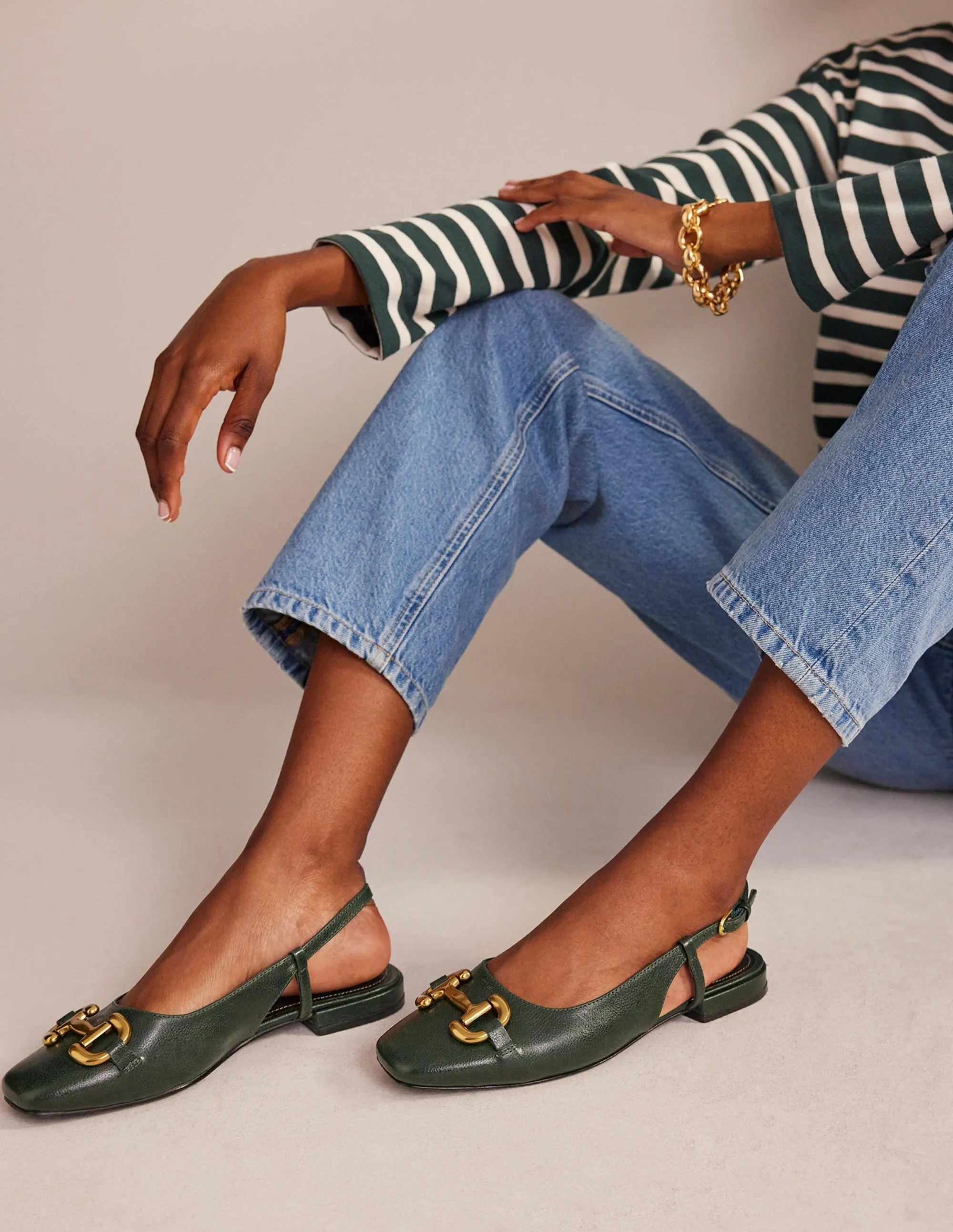 Iris Snaffle Slingback Flats-Winter Green Leather