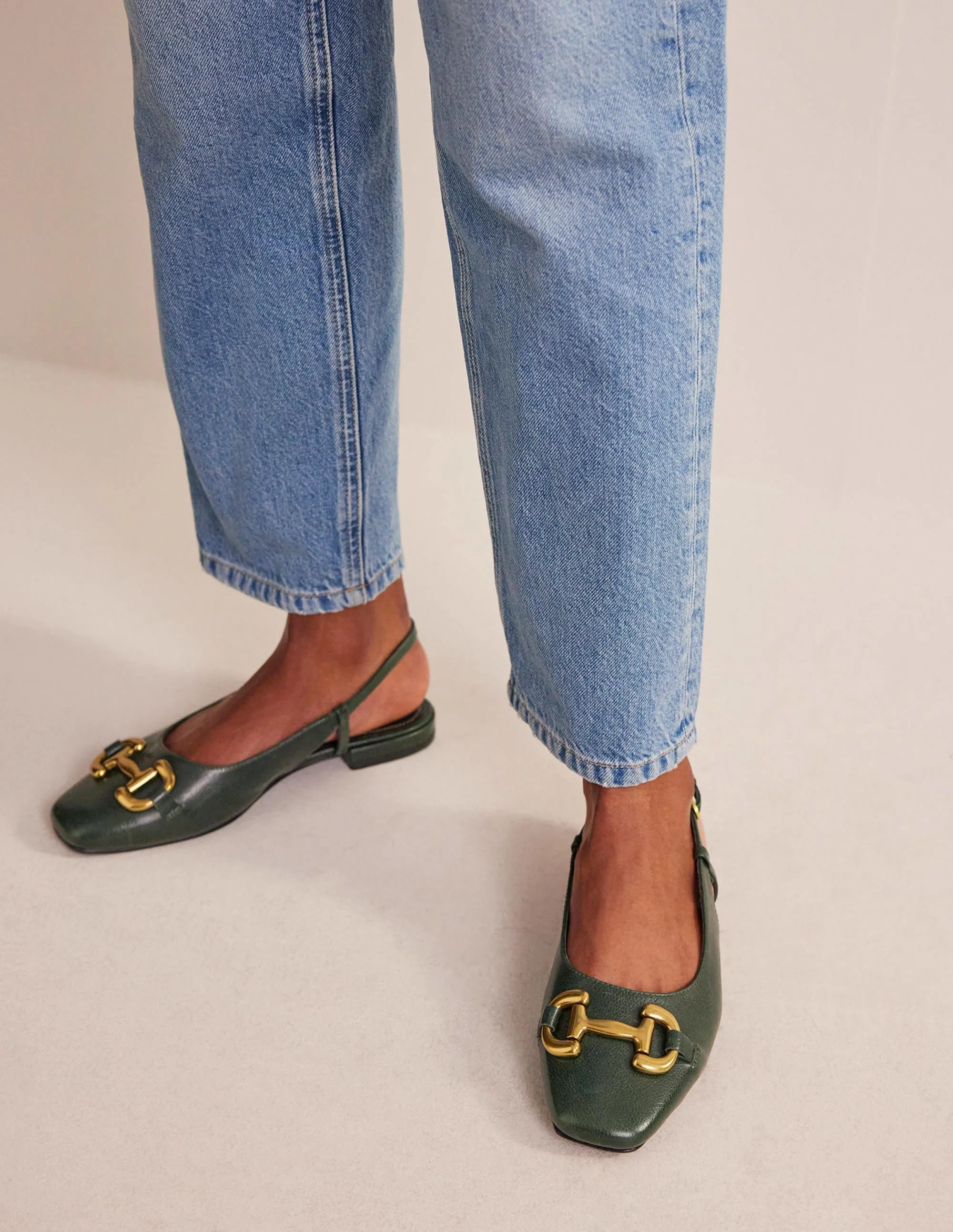 Iris Snaffle Slingback Flats-Winter Green Leather