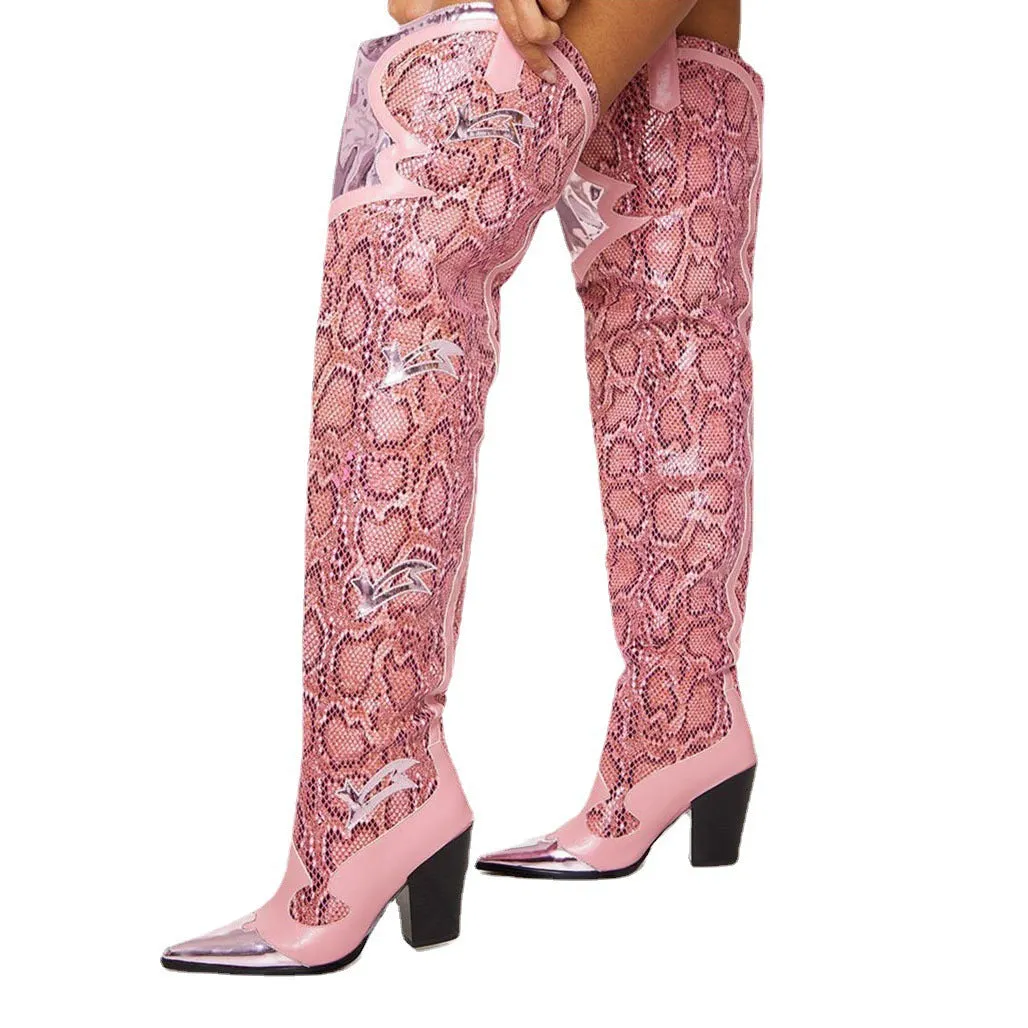 Leather Chunky Snake Pattern Pointed Toe Over The Knee Thigh High Boots