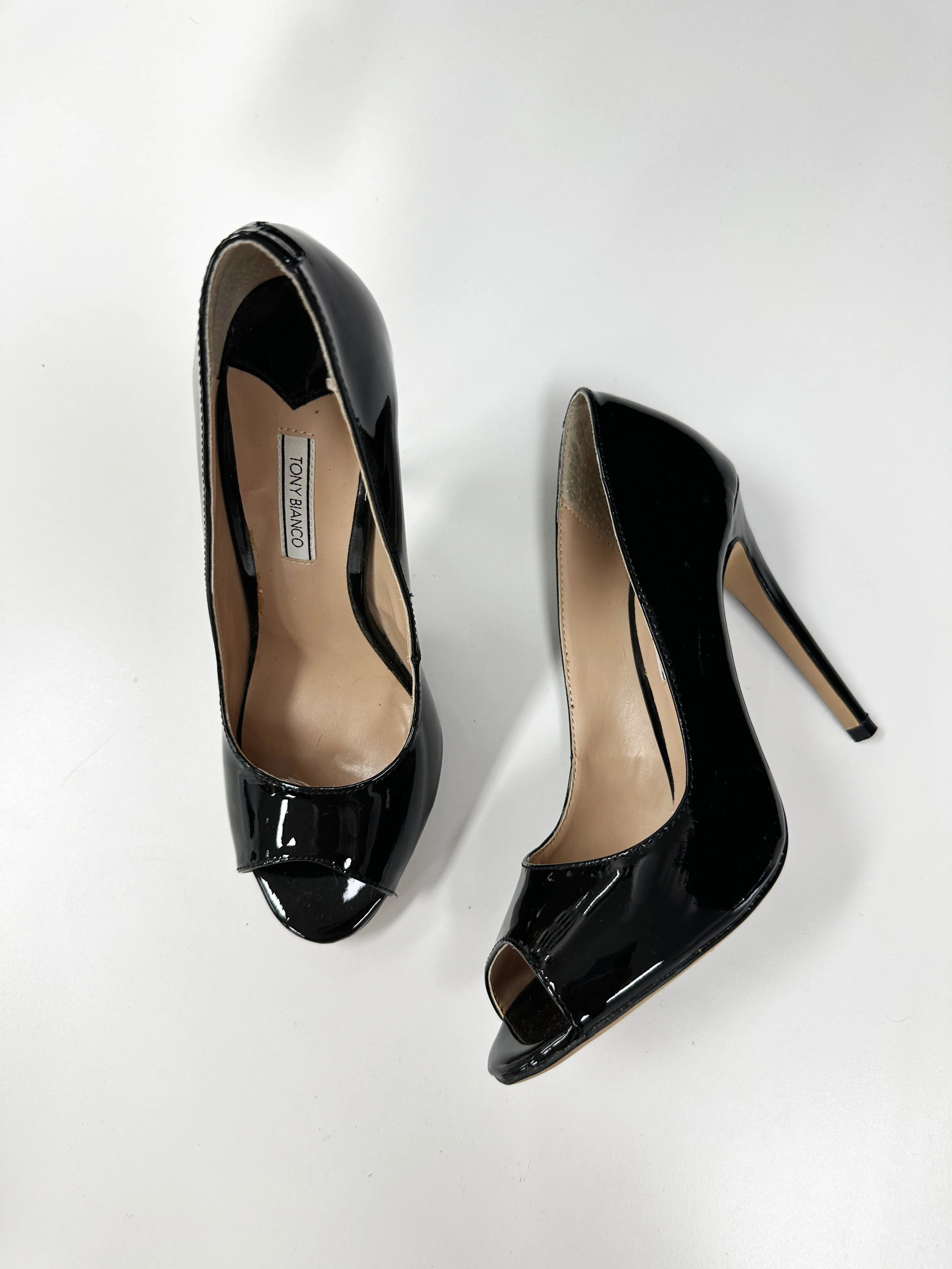 Patent Leather Peep Toe Stiletto in Black