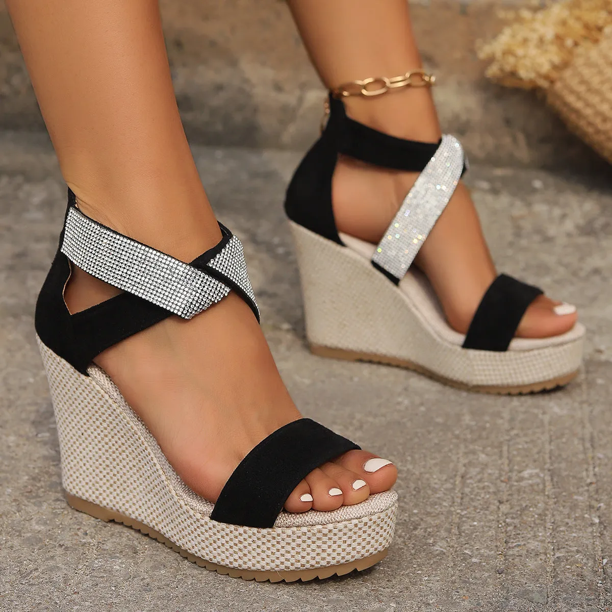 Rhinestone Fish Mouth High Wedges Platform Sandals