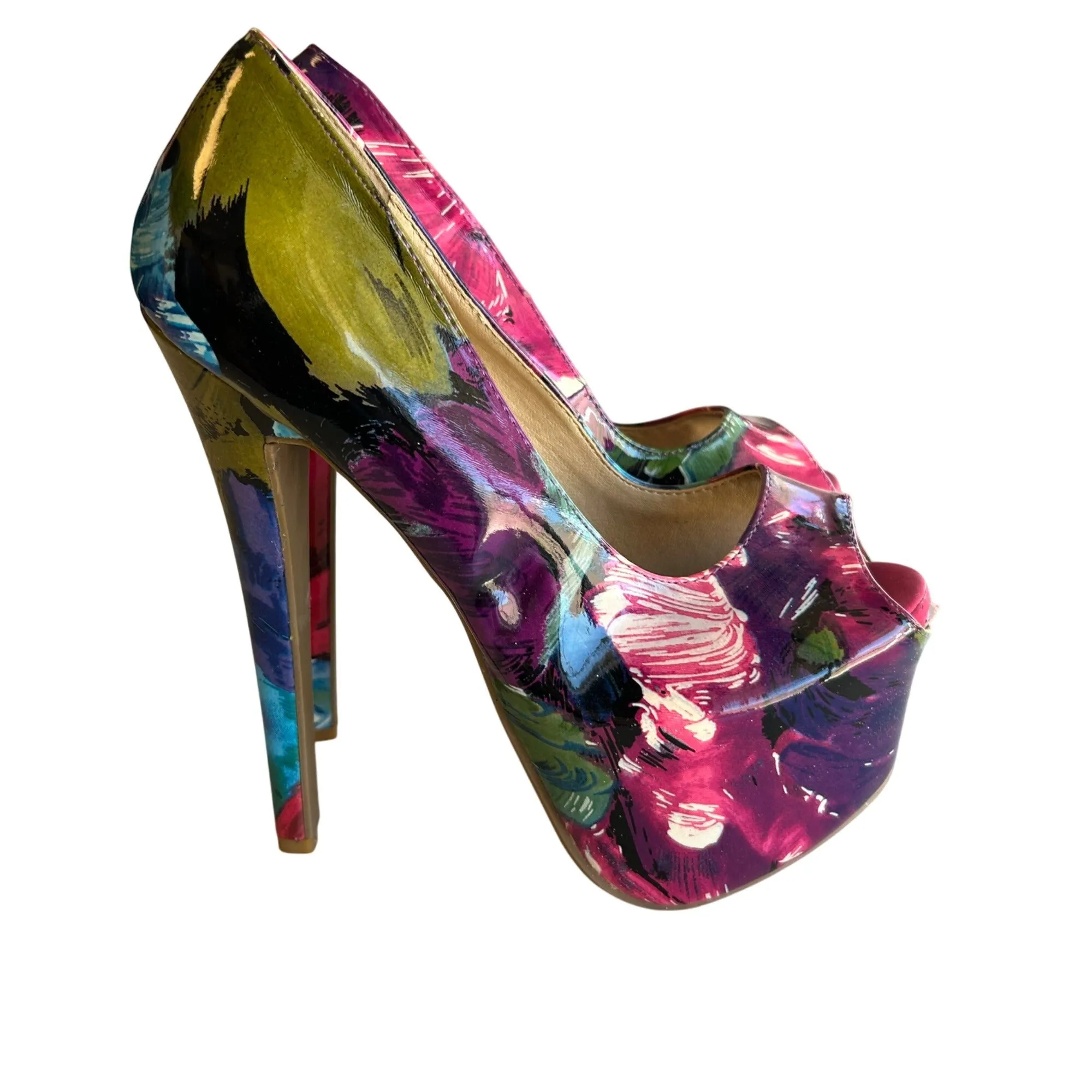 Shoe Republic LA Women's 6.5 Abstract Floral Peep Toe Platform Heels Multicolor