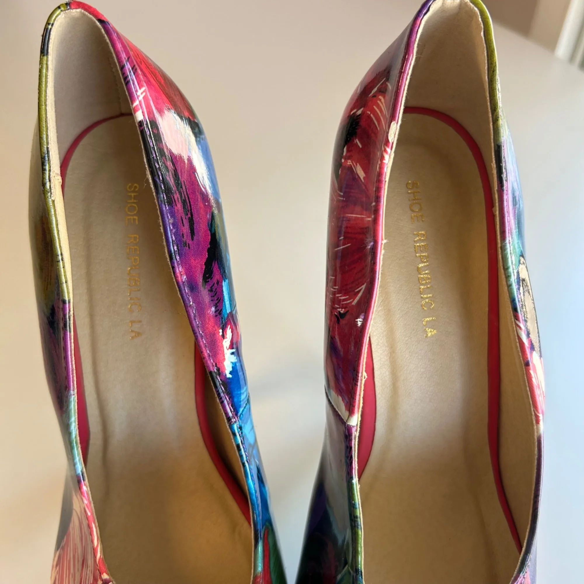 Shoe Republic LA Women's 6.5 Abstract Floral Peep Toe Platform Heels Multicolor