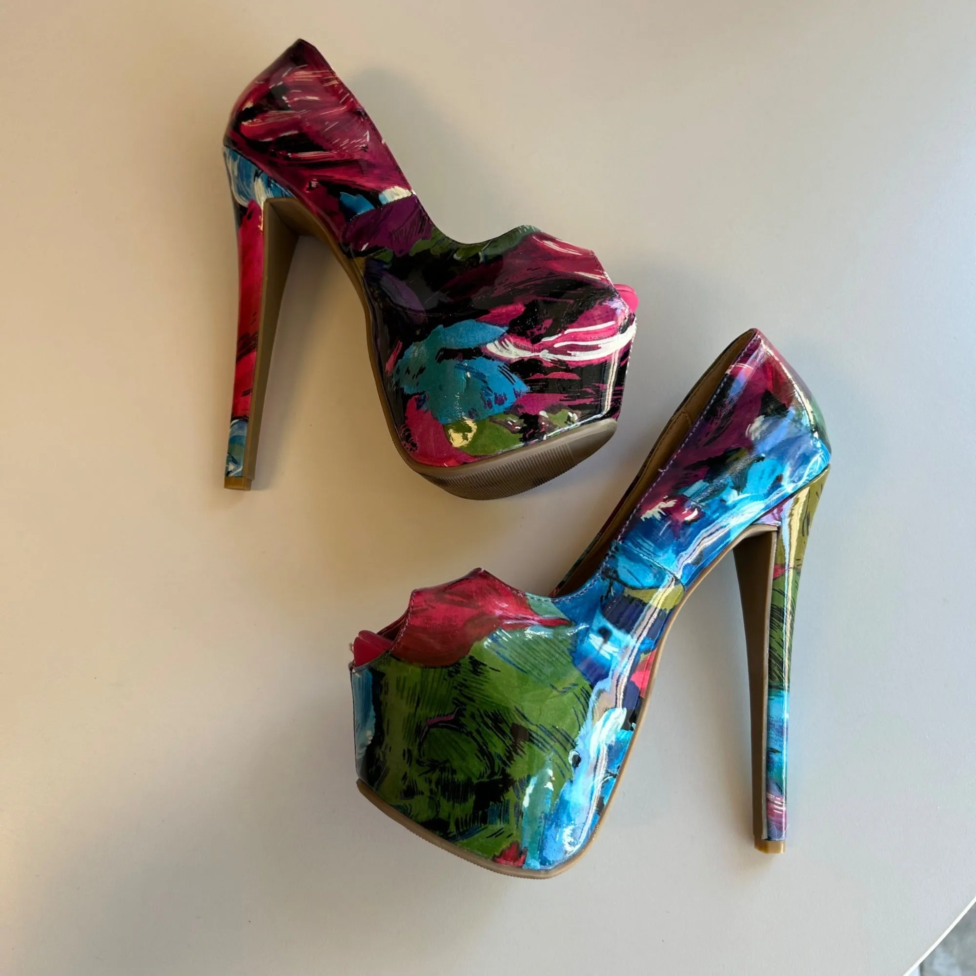 Shoe Republic LA Women's 6.5 Abstract Floral Peep Toe Platform Heels Multicolor