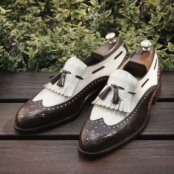 Stylish Men's Handmade Dark Brown & White Leather Fringed Tassel Loafer Shoes