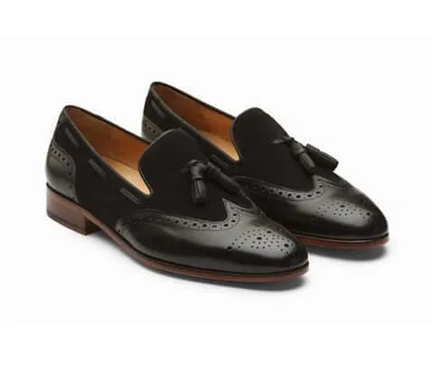 Super Hot Men's Handmade Tassel & Brogue Loafer black Leather & Suede Dress Shoes