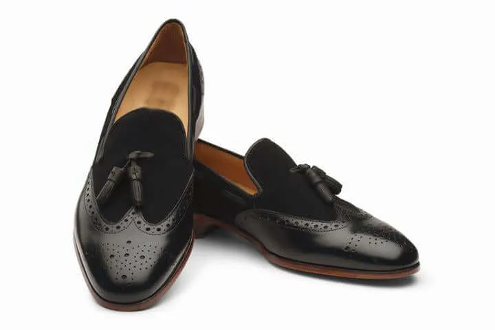 Super Hot Men's Handmade Tassel & Brogue Loafer black Leather & Suede Dress Shoes