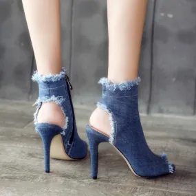 Trendsetter Denim Peep-Toe Booties with Frayed Detail - Urban Edge Meets Sophistication