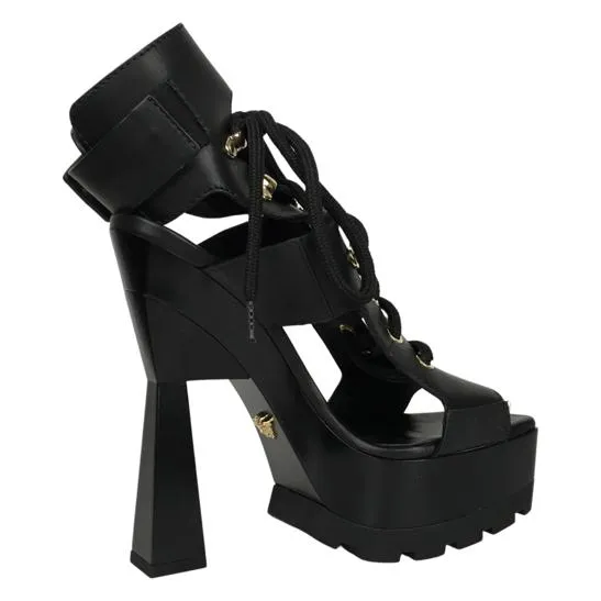 Versace Women's Platform High Heel Sandals Black Medusa Vitello Sz 38