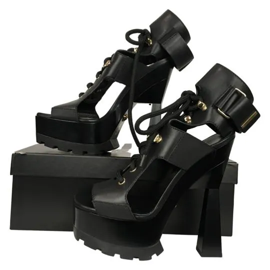 Versace Women's Platform High Heel Sandals Black Medusa Vitello Sz 38