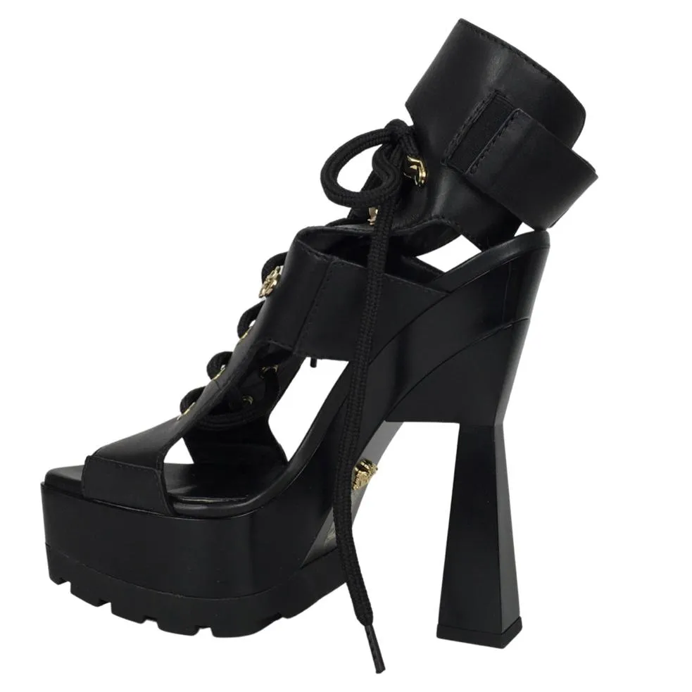 Versace Women's Platform High Heel Sandals Black Medusa Vitello Sz 38