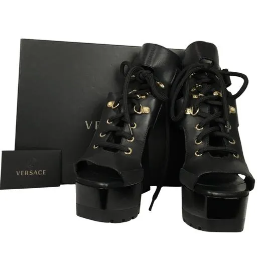 Versace Women's Platform High Heel Sandals Black Medusa Vitello Sz 38