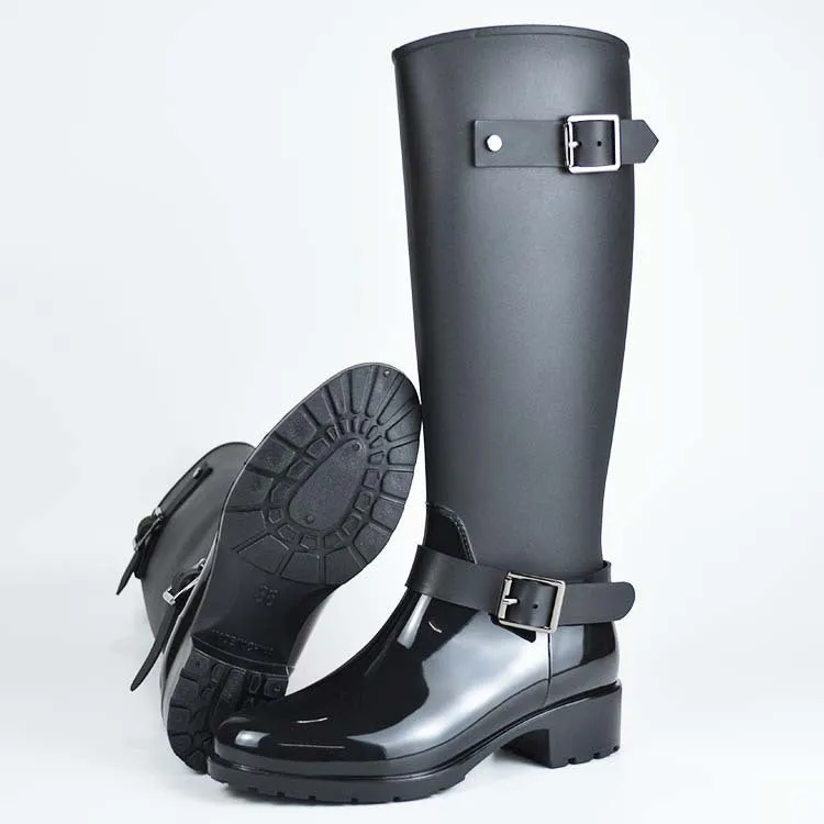 Women's Spring/Winter Mid-Calf Rubber Boots With Decorative Buckles