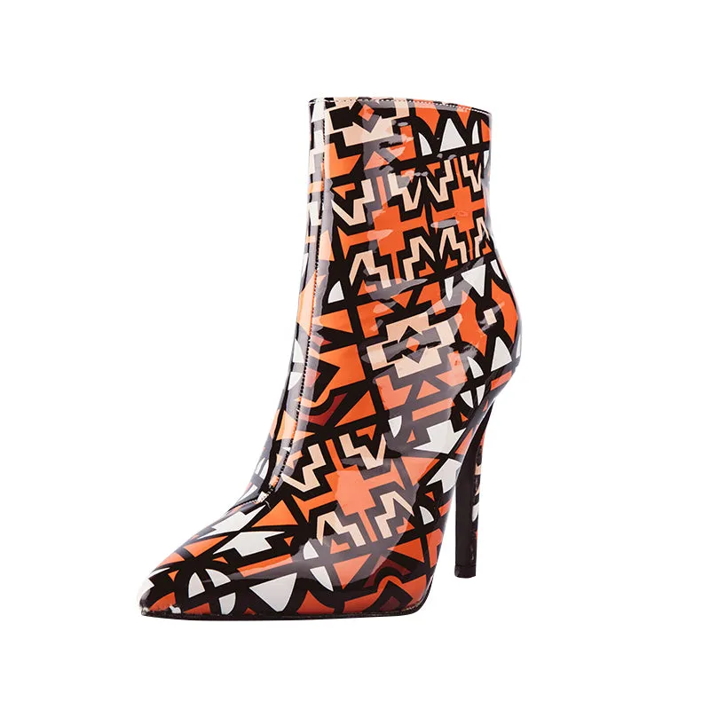 Women's Winter Patent PU Leather High-Heeled Ankle Boots With Geometric Pattern