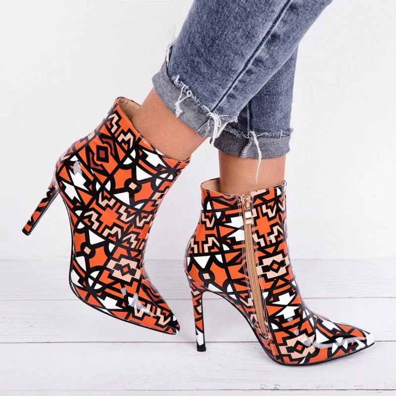 Women's Winter Patent PU Leather High-Heeled Ankle Boots With Geometric Pattern