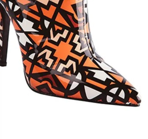 Women's Winter Patent PU Leather High-Heeled Ankle Boots With Geometric Pattern