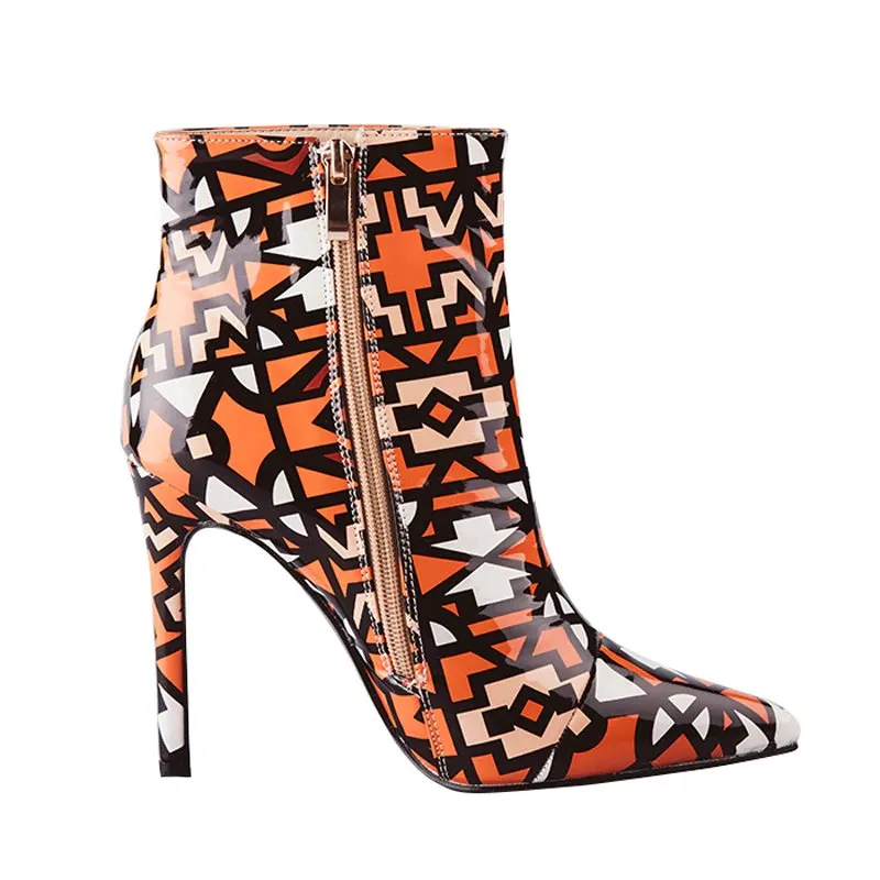 Women's Winter Patent PU Leather High-Heeled Ankle Boots With Geometric Pattern